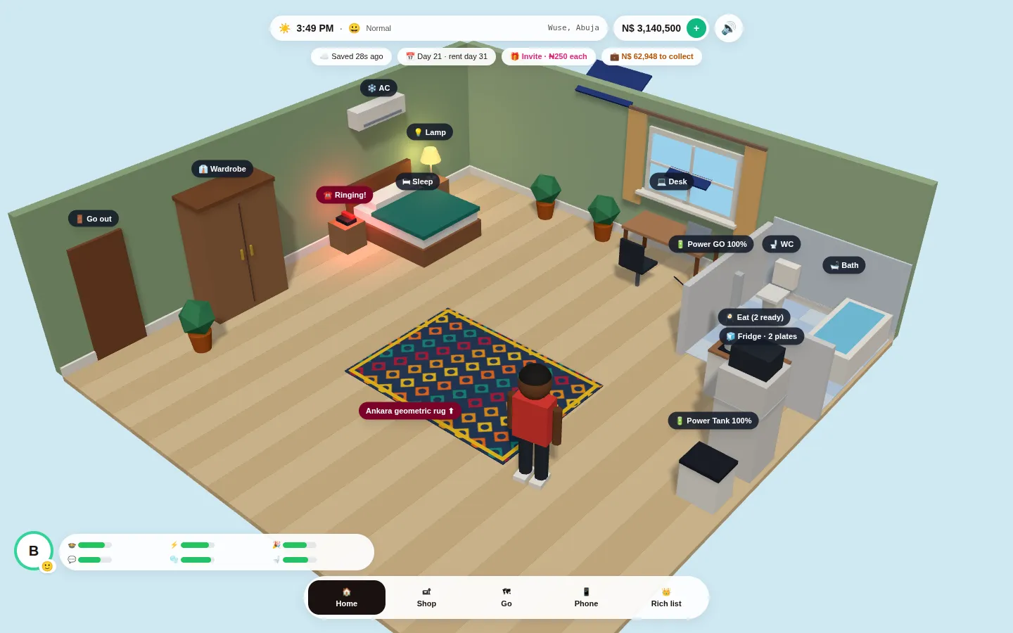 Notes Life, the real game: your room in Wuse, Abuja, with the time, difficulty, game money, the Invite button, your needs and the menu
