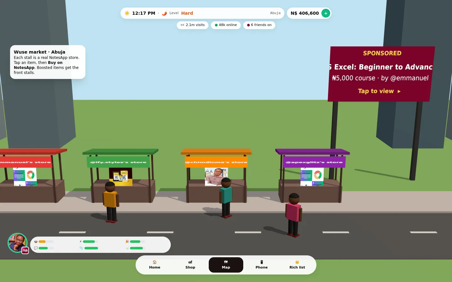 Notes Life mockup: the market street with real NotesApp stores and a billboard