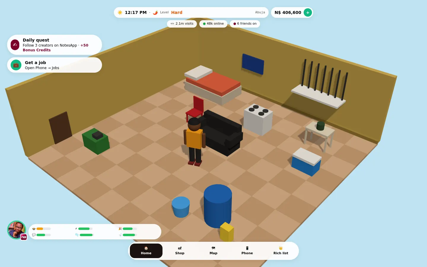 Notes Life mockup: your room in Lagos, with the time, difficulty level, game money, a daily quest, your needs and the menu