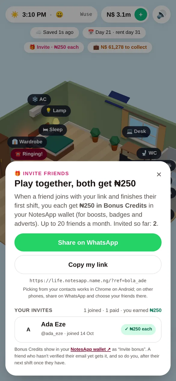 Notes Life, the real game: Invite friends, both get ₦250