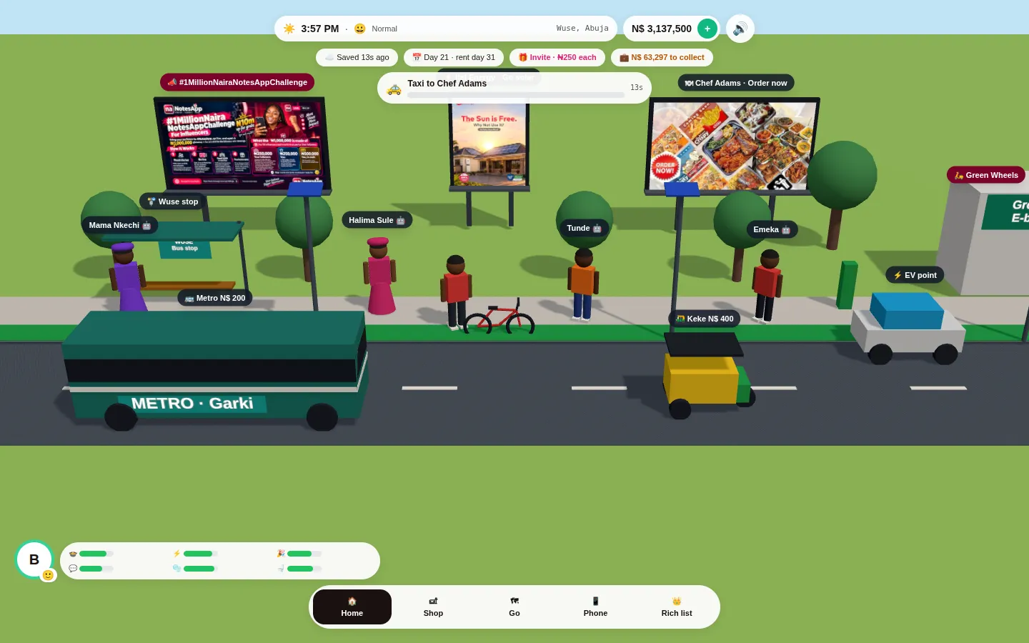 Notes Life, the real game: a Wuse street with billboards for the #1MillionNairaNotesAppChallenge, itel Energy and Chef Adams