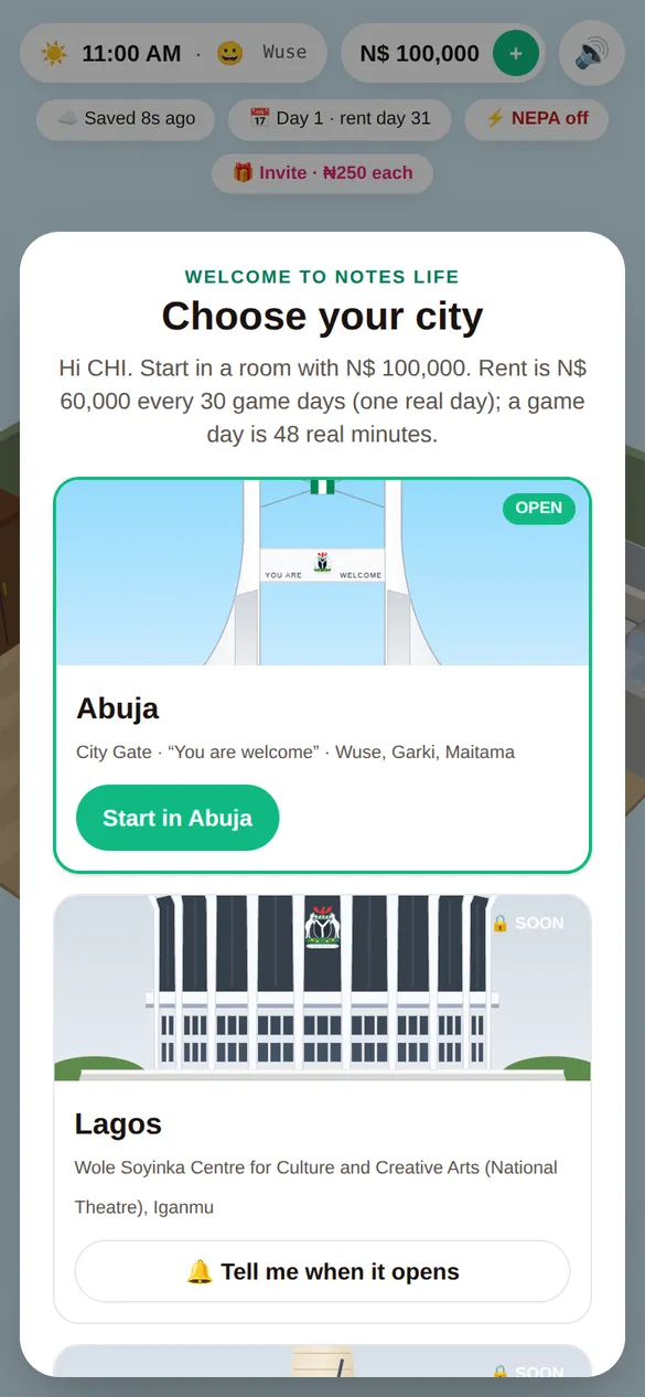 Notes Life, the real game: Choose your city